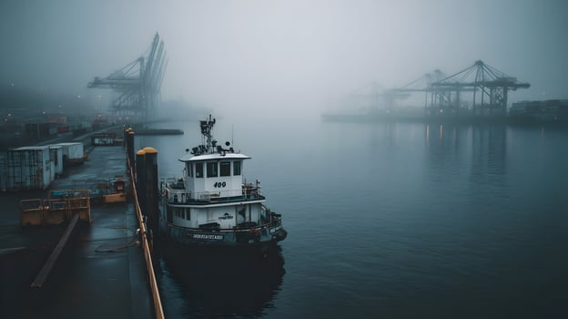 A Foggy Harbor Scene Featuring a Tugboat Docks Amidst Industrial Cranes and Murky Waters photo