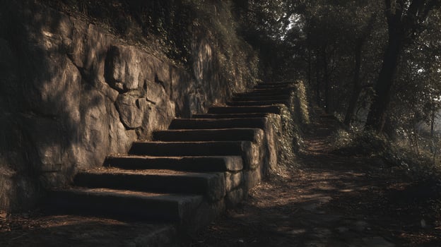 Ascending ancient stone stairway through shadowed forest with light dappling mossy rock wall photo
