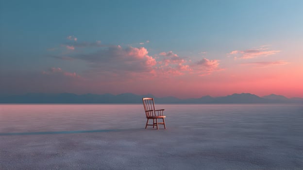 Solitary chair on a vast plain under a pastel sunset promoting reflection and solitude photo