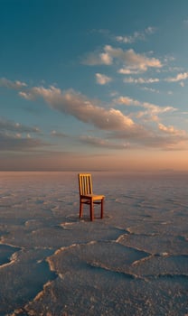 Solitary chair on cracked earth under a serene sky symbolizing isolation and reflection during sunset photo