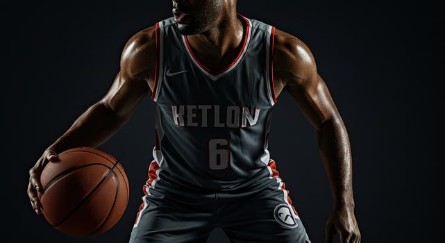 Professional basketball player dribbling ball in game action portrait photo