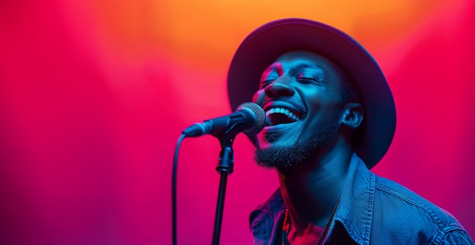 A Man Singing His Heart Out Under Pink and Orange Lights photo
