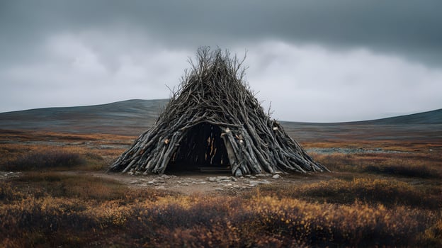 Mystical hut amidst a windswept tundra landscape under an overcast sky offering a tranquil atmosphere photo