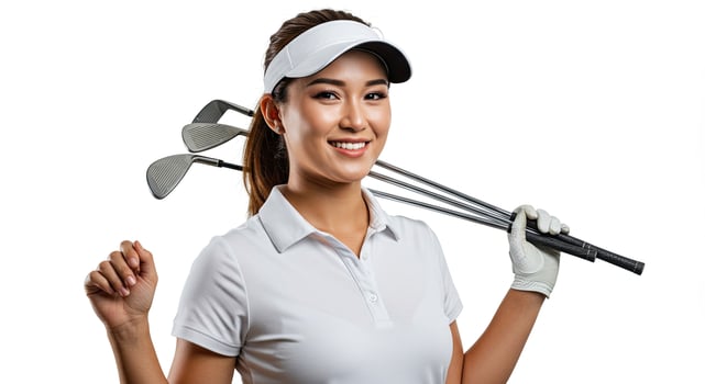 Smiling Asian woman golfer with golf clubs and white visor on white photo