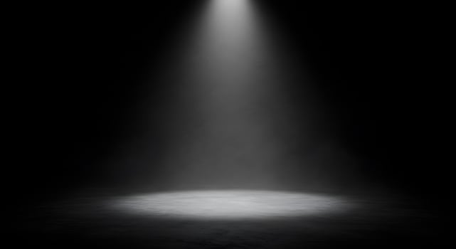 A spotlight shines on a black floor photo