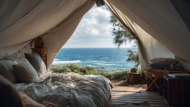 Luxurious coastal camping retreat providing a stunning ocean view from the comfort of a tent getaway photo