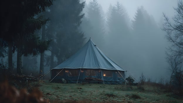 Camping under a blanket of fog a peaceful night nestled among towering pine trees photo