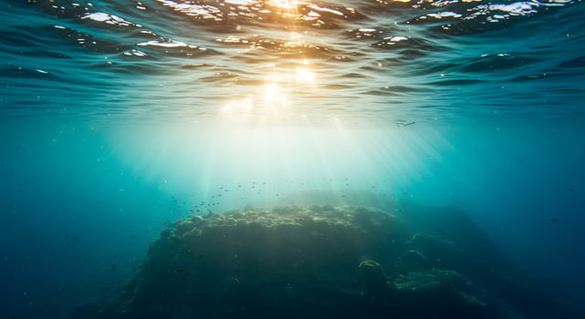 Underwater view of the sun shining through the water photo