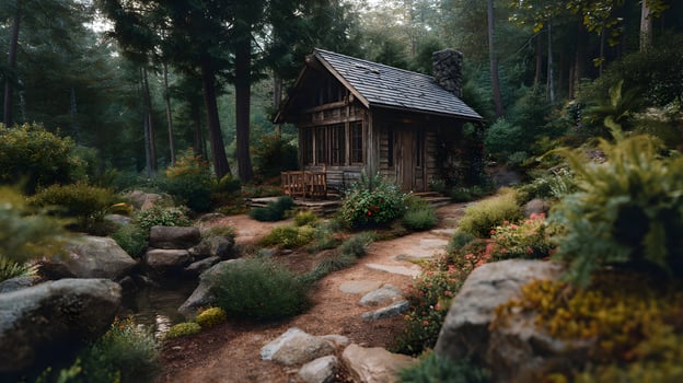 Secluded rustic cabin nestled in a lush green forest surrounded by nature and foliage photo