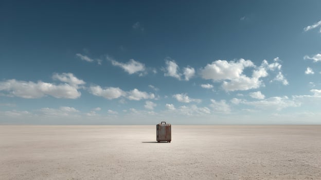 Lone suitcase stands amidst a vast desert landscape beneath an expansive blue sky with fluffy clouds photo