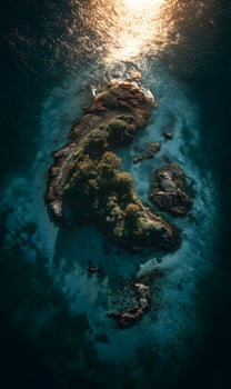 Aerial view showcasing a secluded island paradise surrounded by crystal clear turquoise waters and sunlight photo