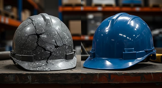 Two hard hats sitting on a table with a shelf photo