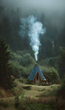 Mystical cabin nestled in lush forest with smoke billowing in foggy environment evokes serenity photo