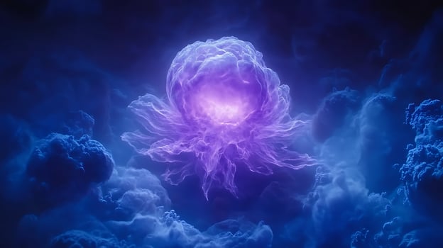 Glowing Purple Plasma Jellyfish Amid Dark Ethereal Clouds in Vibrant Contrast photo