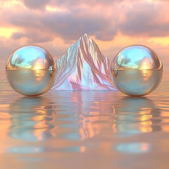 Surreal Landscape Featuring Metallic Spheres and a Reflective Water and Mountain Scene photo