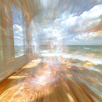 Surreal Ocean View with Lightburst Through Window and Cloudy Sky photo