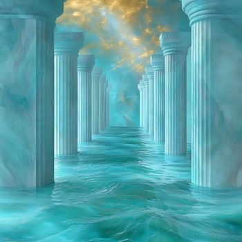 Ancient Marble Columns in Mystical Water Under Glowing Sky photo