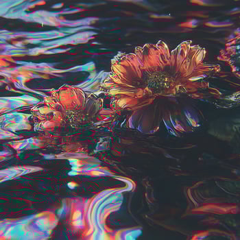 Vivid Floral Blooms Floating on Reflective Liquid Surface with Abstract Colors photo