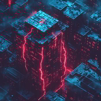 Futuristic Cityscape with Neon Lightning and Stormy Skies photo