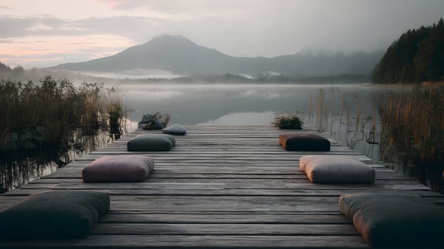 Quiet moments on a wooden pier at dawn, with a misty lake and mountains creating a peaceful scene photo