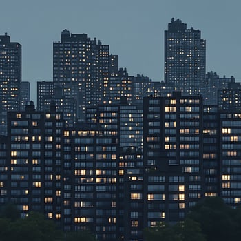 Modern Cityscape with Illuminated Skyscrapers in the Evening Glow photo