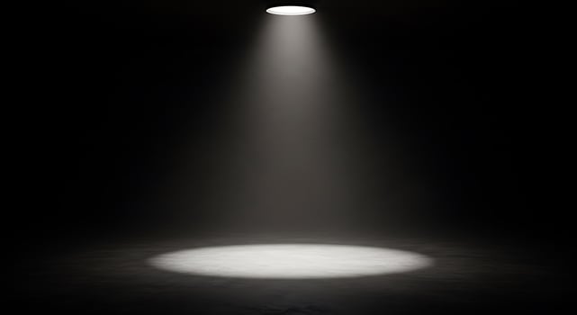 A spotlight shines on a dark room photo