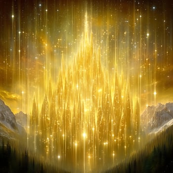 Golden Celestial Palace with Radiant Light in Majestic Mountain Landscape photo
