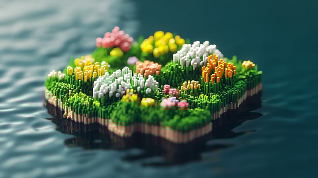 Colorful Pixelated Floating Island With Flowers and Grass Above Water photo
