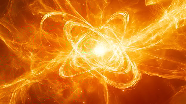 Abstract Glowing Atomic Structure in Fiery Bright Orange Hues photo