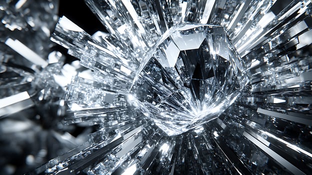 Shimmering Close-Up of Faceted Crystal Structures with Radiating Beams photo