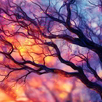 Artistic Branches Overlooking a Colorful and Vibrant Sunset Glow Background photo