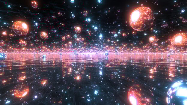 Glowing Spheres Hover in a Reflective Neon Futuristic Environment photo