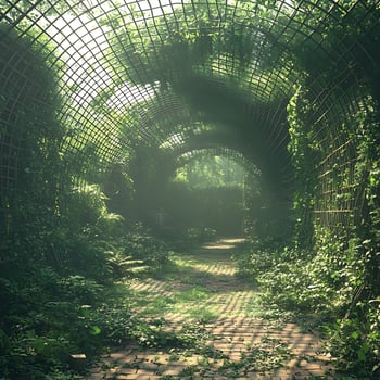 Overgrown Tunnel with Lush Greenery and Brick Pathway in a Serene Setting photo