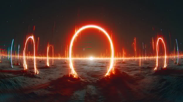 Glowing Neon Rings in a Cosmic Desert at Night photo