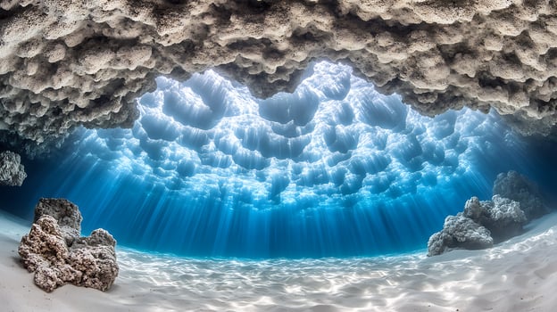 Sunlit Underwater Cave Reflecting Ethereal Light Through Crystal-clear Ocean Waters photo