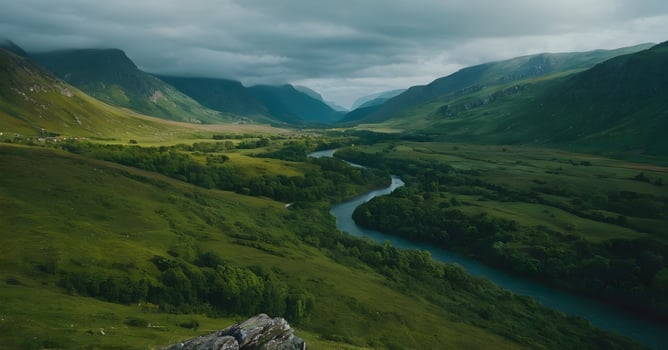 River flowing through lush green valley in scottish highlands photo
