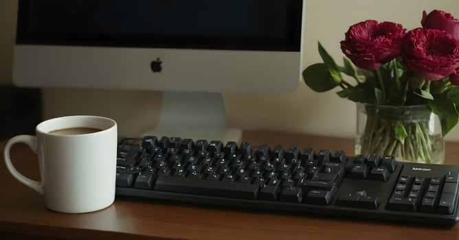 Modern office desk with keyboard, computer and coffee ready for work photo
