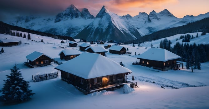 Wooden mountain cabins covered in snow at twilight photo