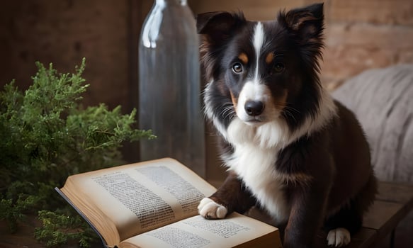 Australian shepherd dog sitting at table reading book with paw on open page photo