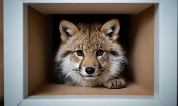 Young corsac fox resting in white wooden box photo