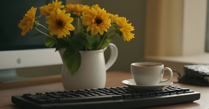 Coffee break on a desk with yellow flowers and computer photo