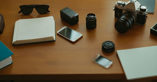 Photographer is preparing for a photoshoot on a wooden table photo