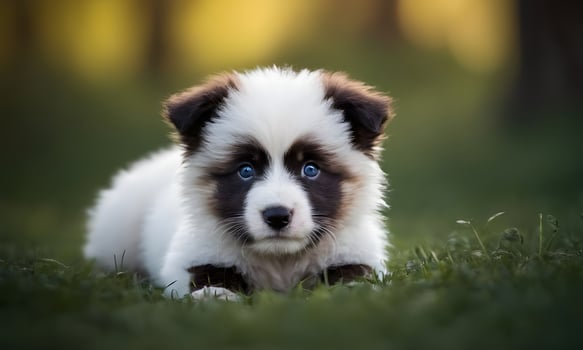 Adorable puppy dog relaxing on grass in nature photo