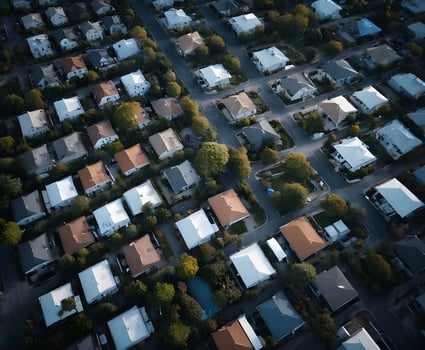 Aerial view of a residential neighborhood showing houses with swimming pools photo
