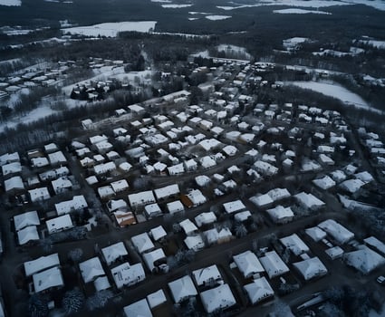 Drone point of view of snow covered roofs in suburban neighborhood during winter photo
