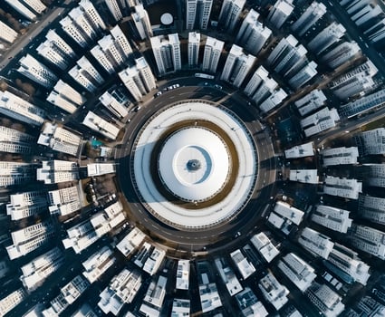 Roundabout surrounded by apartment buildings in modern city district photo