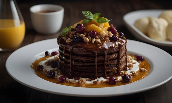 Chocolate pancake tower drizzled with syrup and topped with fruit and nuts photo
