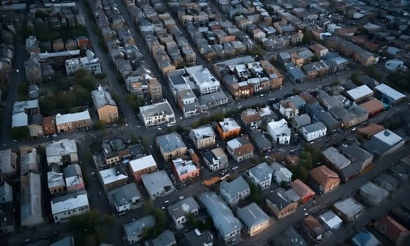 Aerial view of city streets showing buildings and cars at twilight photo