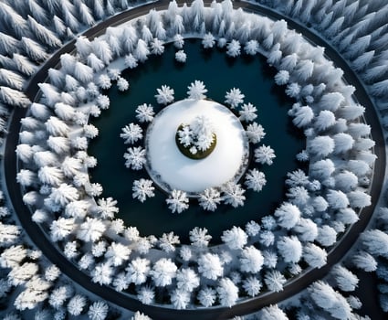 Snowy concentric circles formed by a road, forest and pond seen from above photo