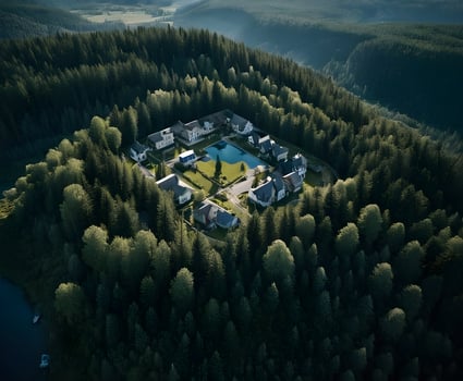 Small village surrounded by forest in mountain valley photo